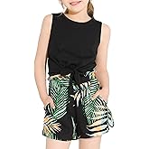 Hvididan Girl's 2 Piece Outfits Sleeveless Tie Knot Tank Top and Paperbag Waist Pocketed Cute Summer Short Sets