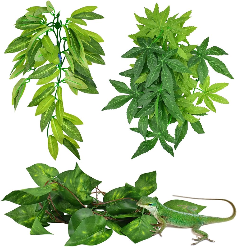 ERKOON Fishtank Green Leaves 3 Pieces Artificial Plant Set for Reptile Aquarium
