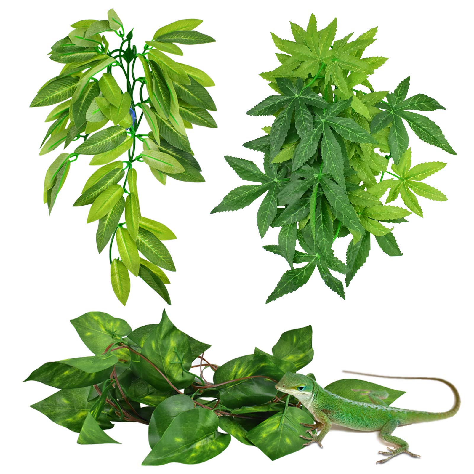 Fishtank Ornament Green Leaves,ERKOON Artificial Plastic Plant 3 Pieces Set Reptile Habitat and Aquarium Fish Terrarium and Home Aquarium Decor