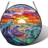 DASTOLL Stained Glass Window Hanging, Clouds and Sea Waves Suncatcher Diamond Glass Panel Hangings Scenery Sun Catchers Decor for Birthday for Women, Men, Wife, Aunt, and Mom 7.8 in