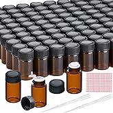 TUZAZO 100Packs Essential Oil Sample Bottles 2Ml Drams Amber Glass Vials with Caps, Orifice Reducers, Labels and Transfer Droppers, Mini Anointing Oil Bottles 0.068OZ