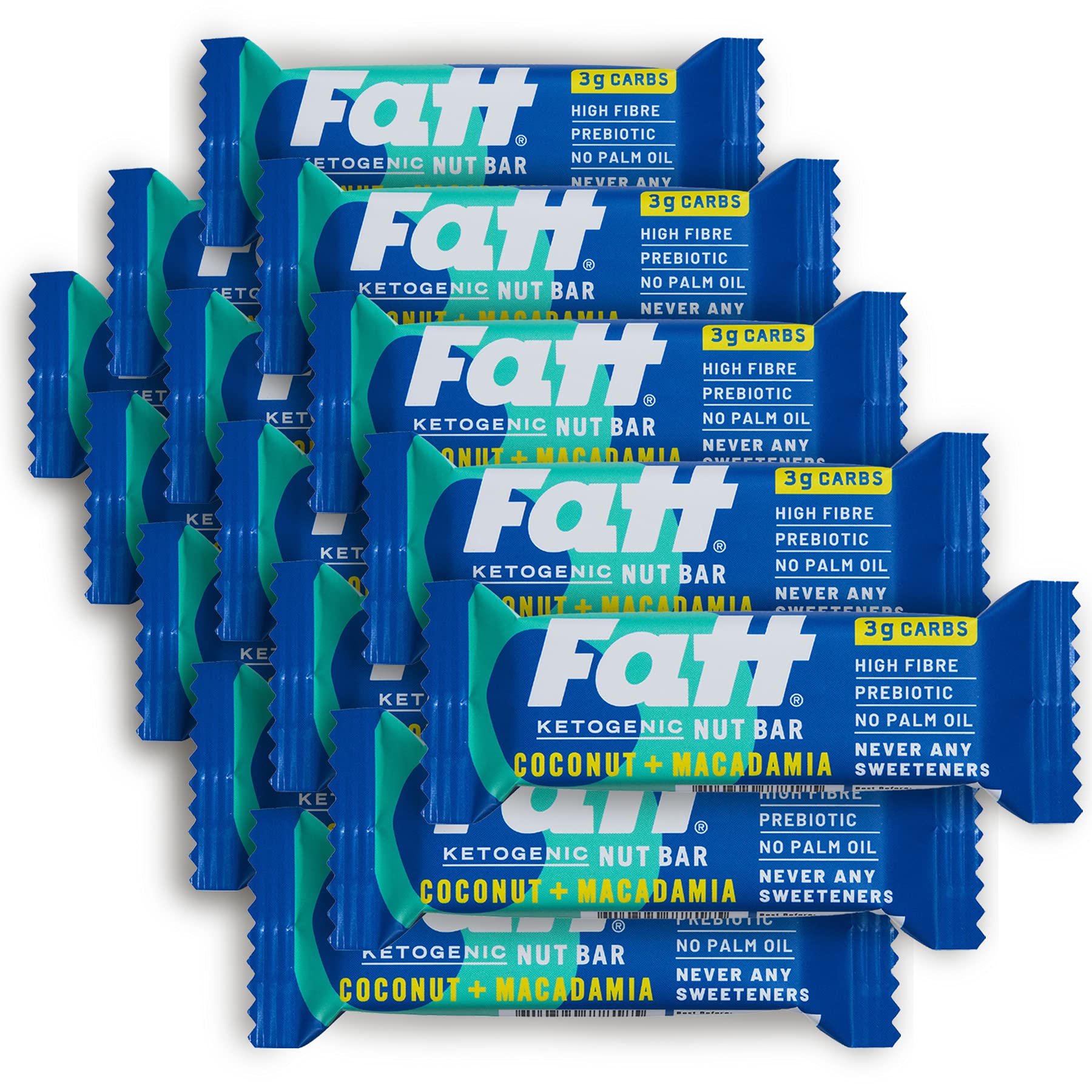 Fatt Keto Nut Bars - Coconut & Macadamia, 15-Pack - 3g Carbs - 100% Natural, Low-Carb, Clean Keto Bar Snack with Super Fats - High Fibre, Low Sugar, Sweetener Free & Vegan - Aka Fattbar