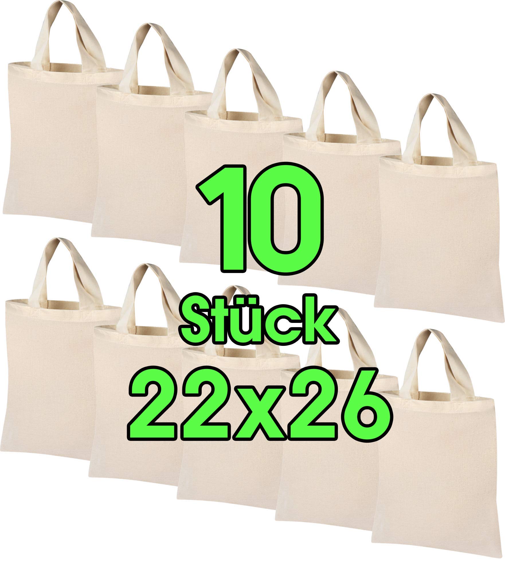 Pack of 10 22x26 cm Natural Plain Cotton Bag Short Handles - Fabric Bag, Hipster Bag, Vegan Textile Ökotex certified Wool Pack Monochrome For Painting and Printing