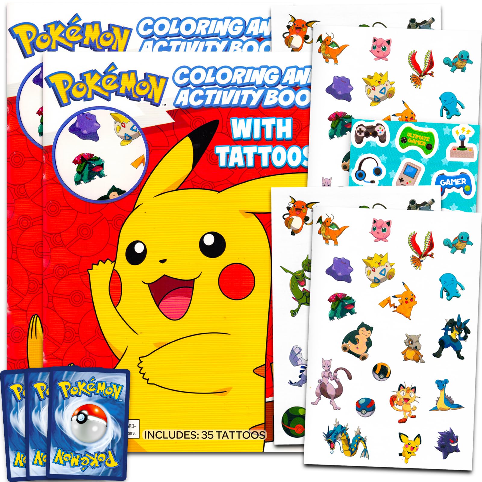 Photo 1 of *** COLORING BOOKS ONLY *** Pokemon Tattoos Party Favors Set - 70 Temporary Tattoos for Kids, Boys, Girls Plus Trading Cards, More | Pokemon Party Supplies Pack