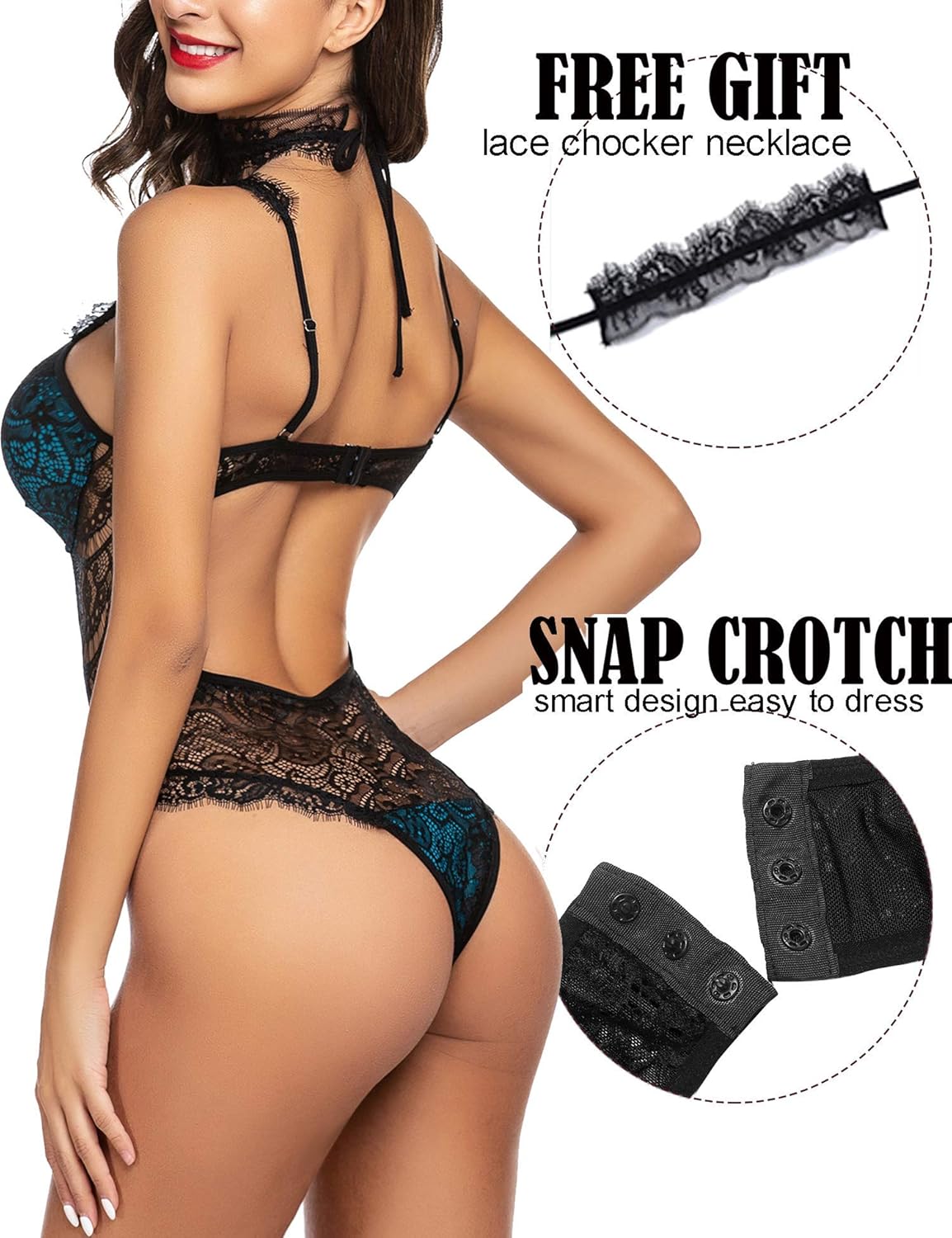 ADOME Womens Snap Crotch Lingerie Sexy Lace Bodysuit with Chocker Eyelash Teddy: Clothing