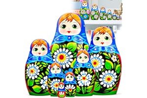 AEVVV Russian Nesting Dolls Set of 7 pcs - Russian Doll in Pretty Sarafan Dress with Handpainted Gerberas Flowers - Russian Matryoshka Dolls - Cozy Cottage Core Home Decor