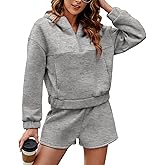 FKEEP Womens 2 Piece Sweatsuit Outfits Half Zip Hoodie Sweat with Shorts Pockets Lounge Winter Tracksuit Wear Matching Set