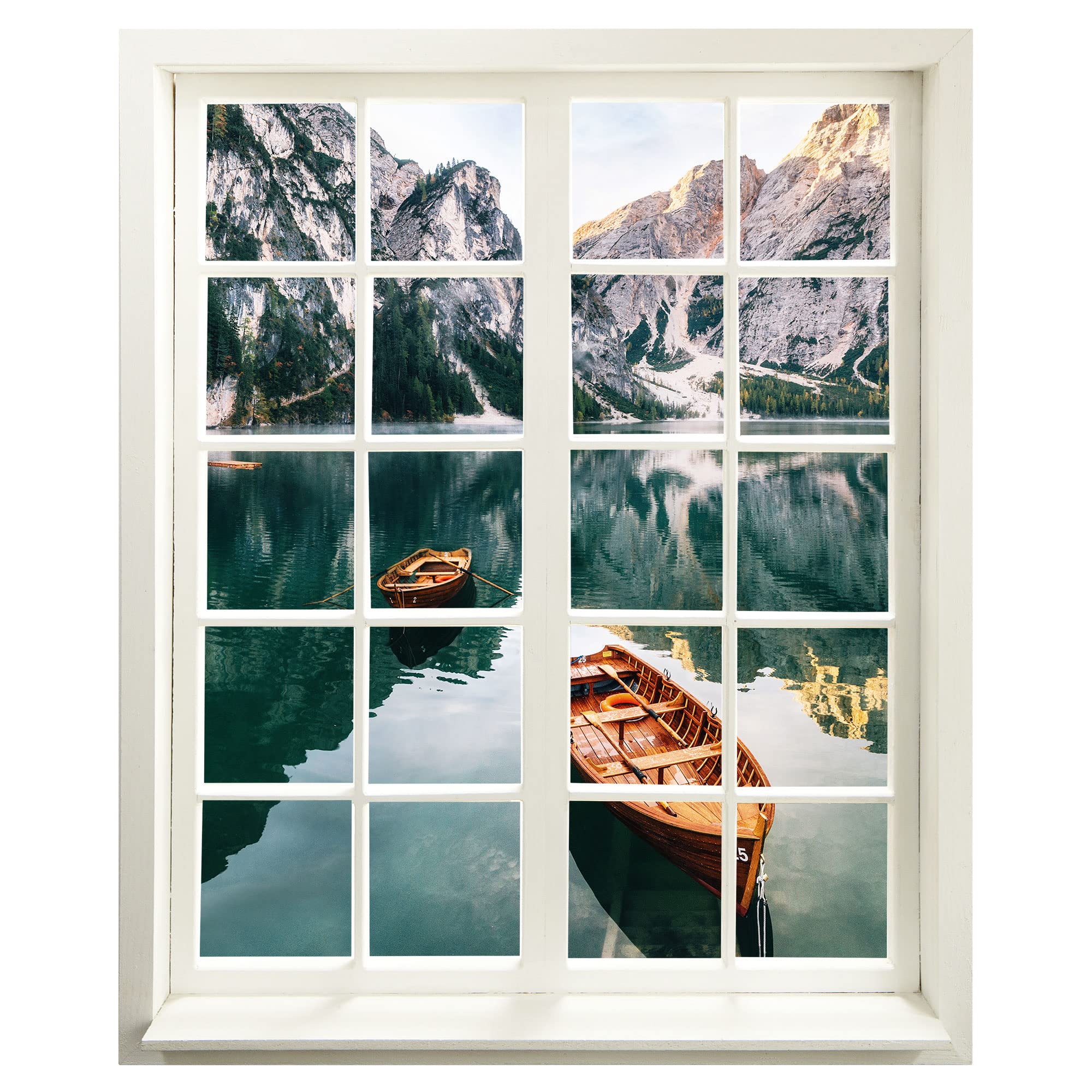 Wall Sticker Window with View Mountain Lake with Boat 99 x 120 cm (W x H) Wall Sticker — image 1