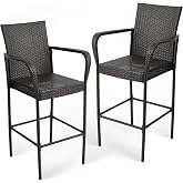 ANXIN PATIO Outdoor Bar Stools Set of 2, (Brown) | Patio Bar Stools with Armrests, All Weather Wicker Rattan Bar Chairs with Backrest for Backyard