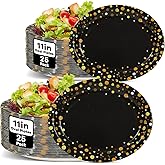 50Pcs Black and Gold Party Supplies Large Gold Dot on Black Paper Plates Oval Dinner Plates Disposable Party Tableware for Birthday Decorations Graduation Baby Showers Wedding Holiday Anniversary