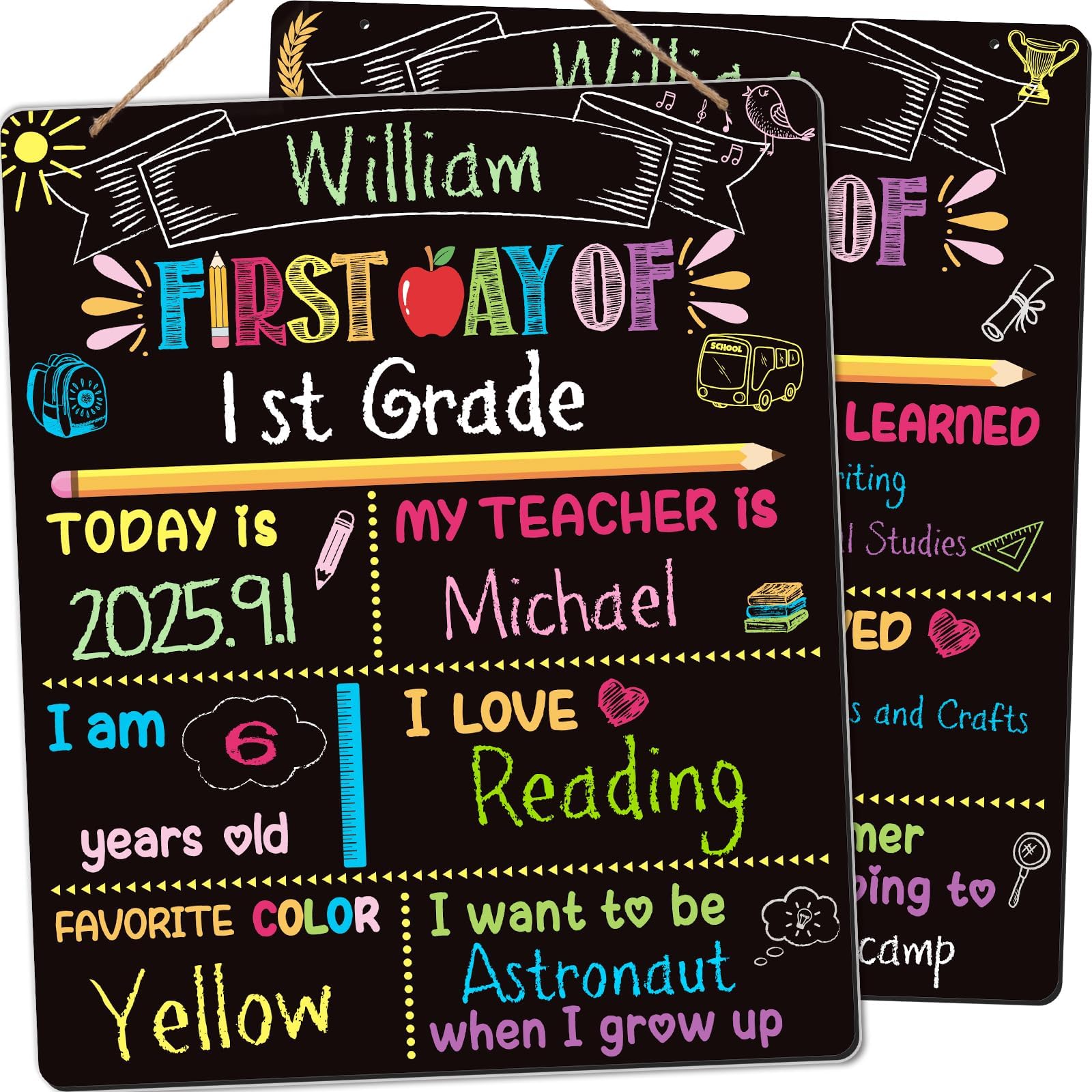Photo 1 of First Last Day of School Board Chalkboard Signs, 12" X 10" Double Sided Back to School Board Supplies for Kids Boys Girls 1st Day of Kindergarten Preschool 1st Grade Decorations Photo Props
