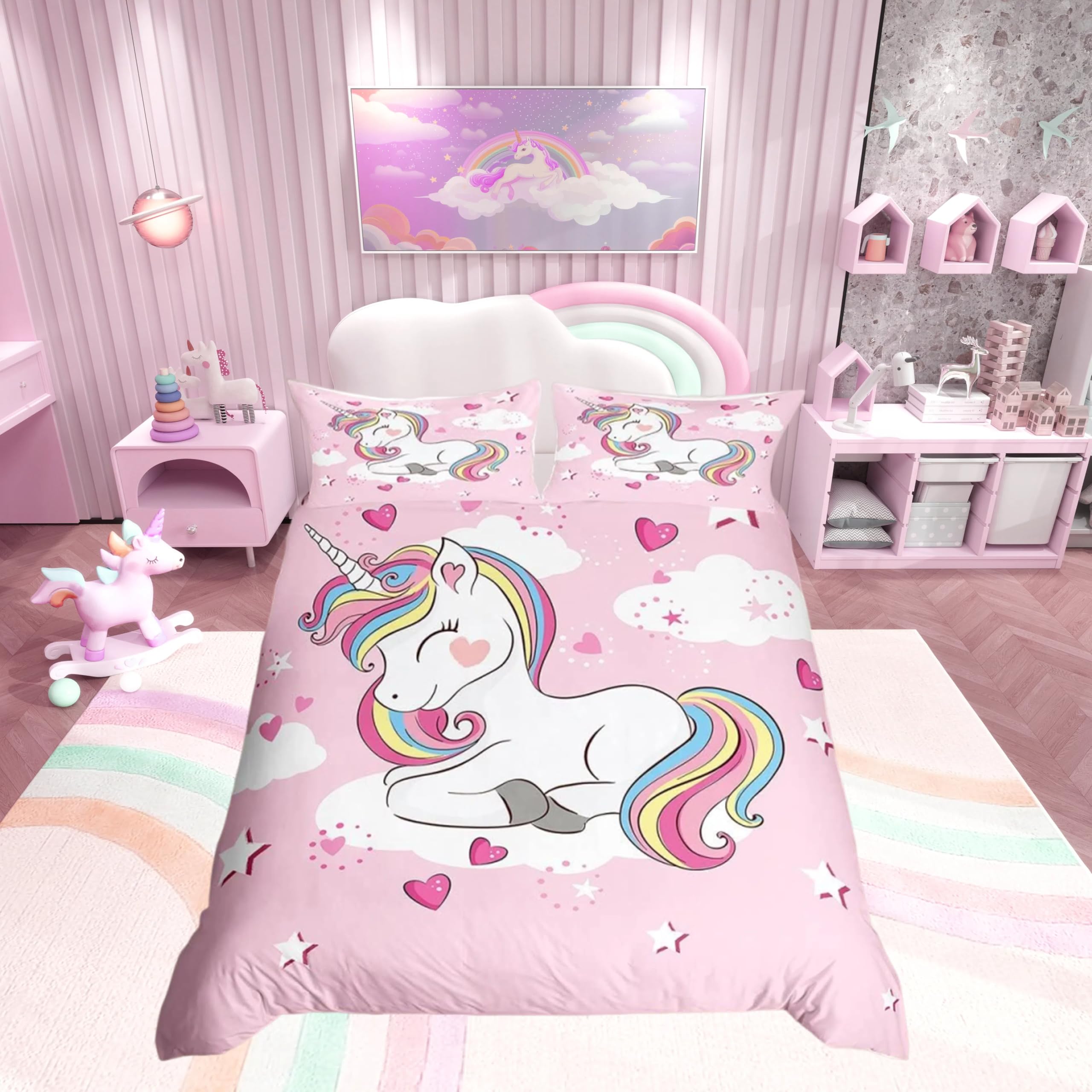 Loussiesd Unicorn Duvet Cover Set for Kids Girls Pink Heart Bedding Set Unicorn Gifts Comforter Cover Cute Bedding King