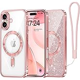 Meifigno Designed for iPhone 16 Plus Case 6.7", [Glitter Card & Wrist Strap] [Compatible with MagSafe] Full Lens Protection Designed for 16 Plus Case, Rose Gold
