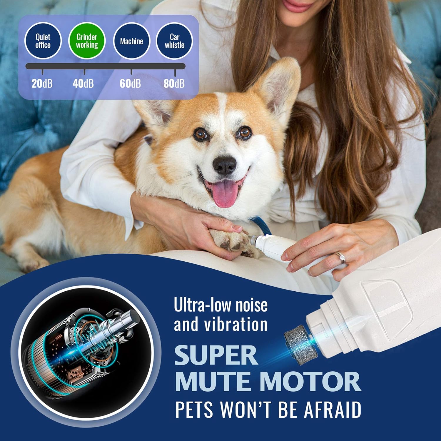 REXIPETS Dog Nail Grinder Clipper - Professional LED Rechargeable Electric Pet Nail Trimmer - Painless Paws Grooming & Smoothing - Quiet 2-Speed Motor - 3 Size Ports For Small Medium Large Dogs & Cats