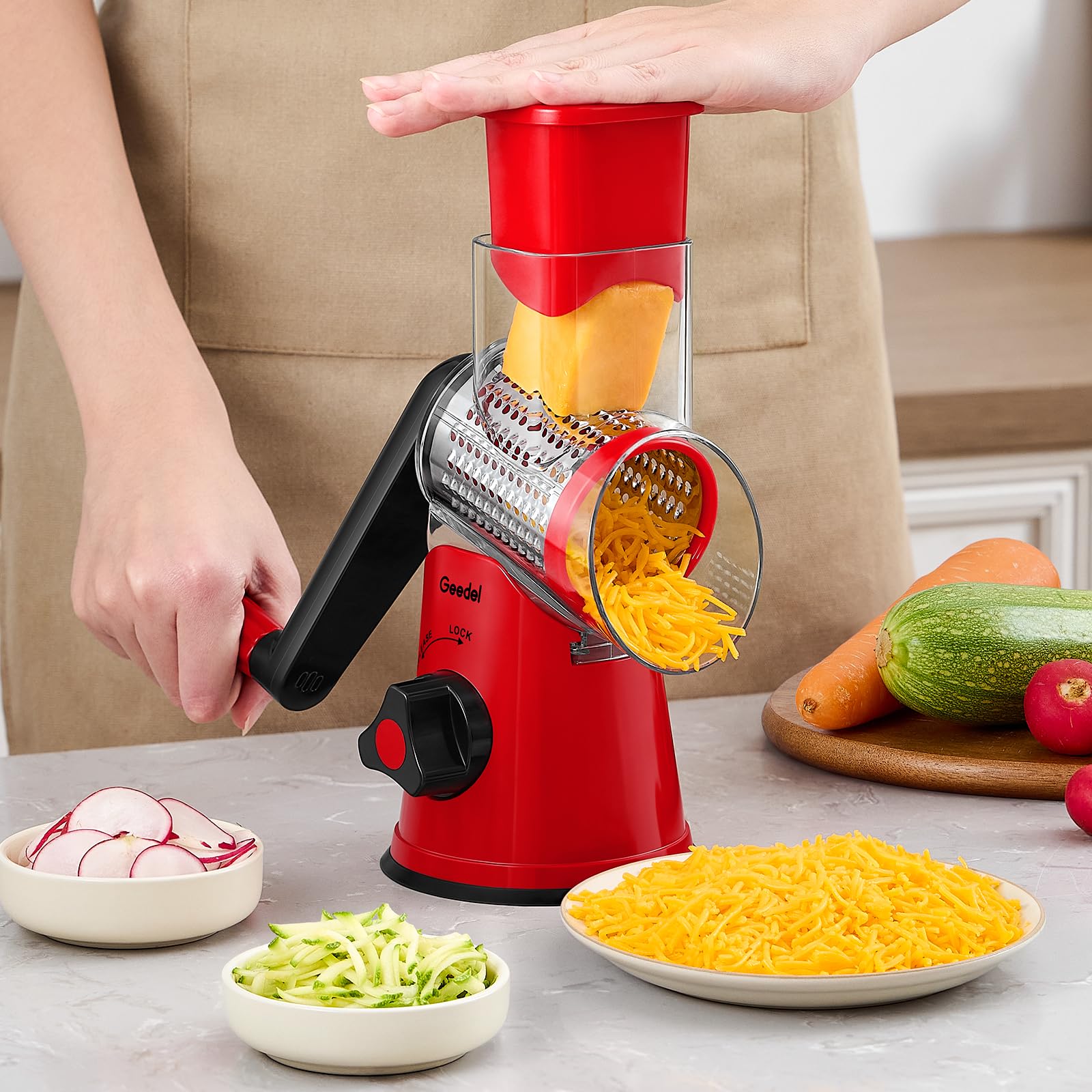 Geedel Rotary Cheese Grater, Kitchen Mandoline Vegetable Slicer with 3 Interchangeable Blades, Easy to Clean Grater for Fruit, Vegetables, Nuts