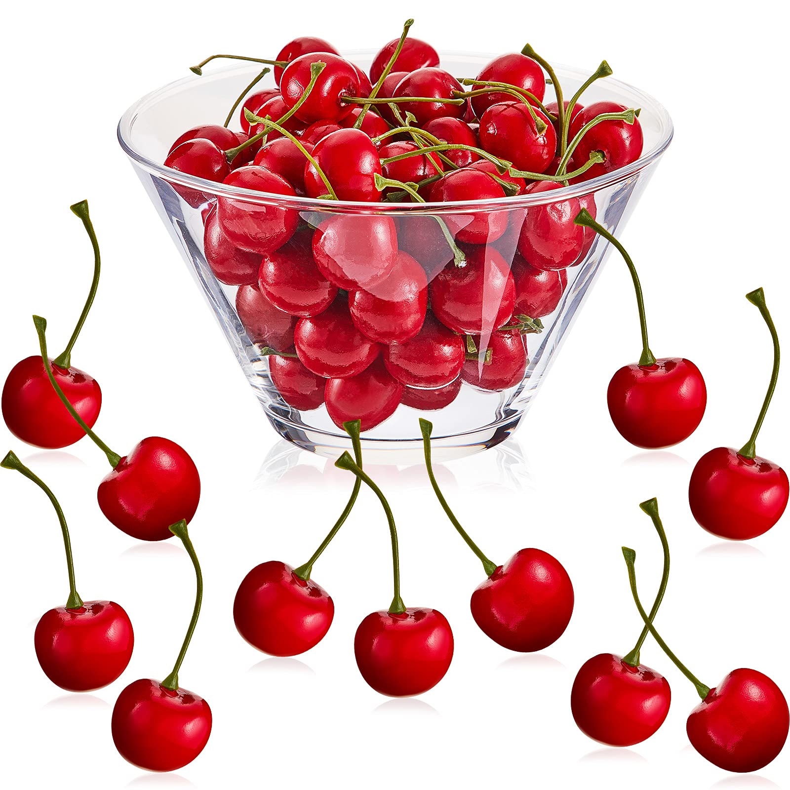 Photo 1 of Skylety 50 Pieces Fake Cherries Artificial Fruit Decorations Red Simulation Cherry Fake Fruit Model for Party Decor Home Kitchen Cabinet Photography Prop Cognitive Favors (Red)