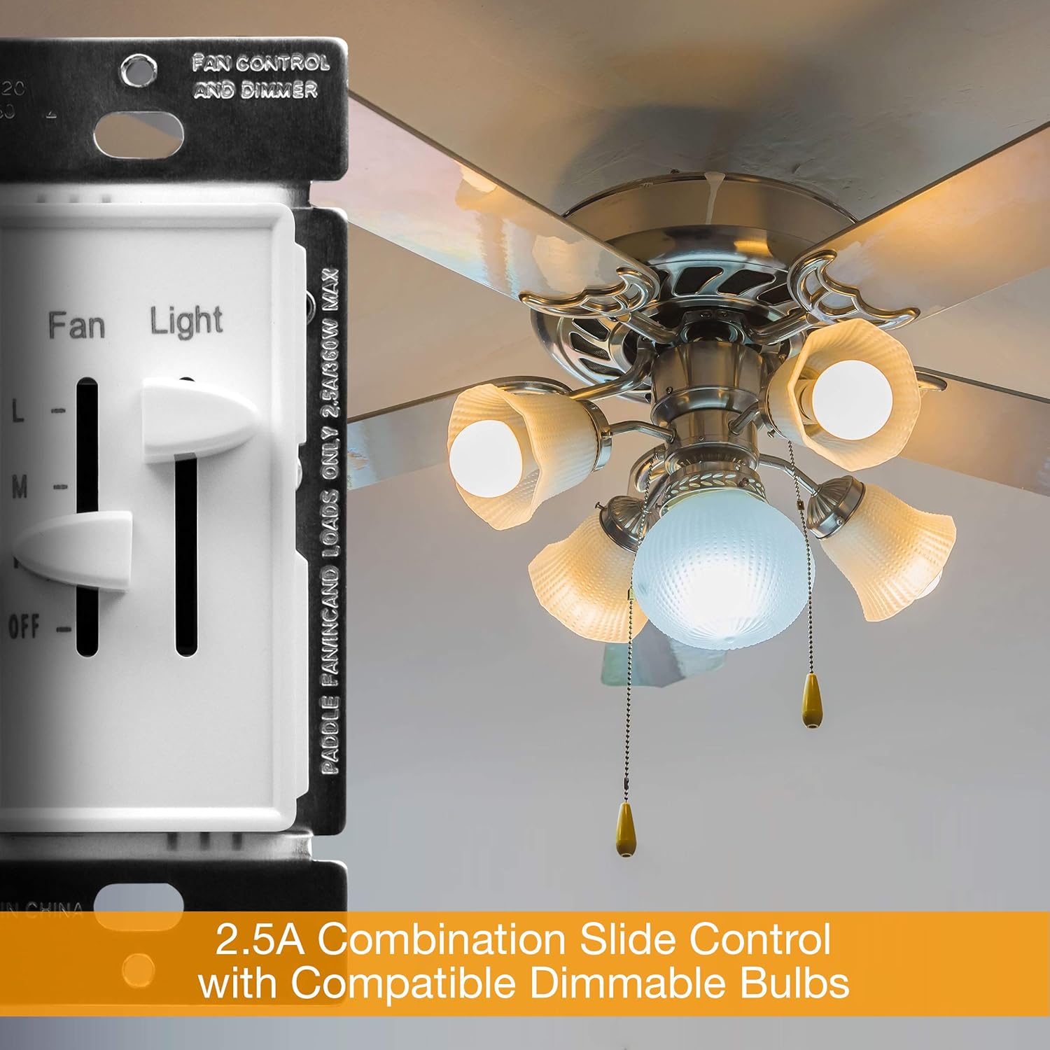ENERLITES 3 Speed Ceiling Fan Control and LED Dimmer Light Switch, 2.5A Single Pole Light Fan Switch, 300W Incandescent Load, No Neutral Wire Required, 17001-F3-W, White - - 