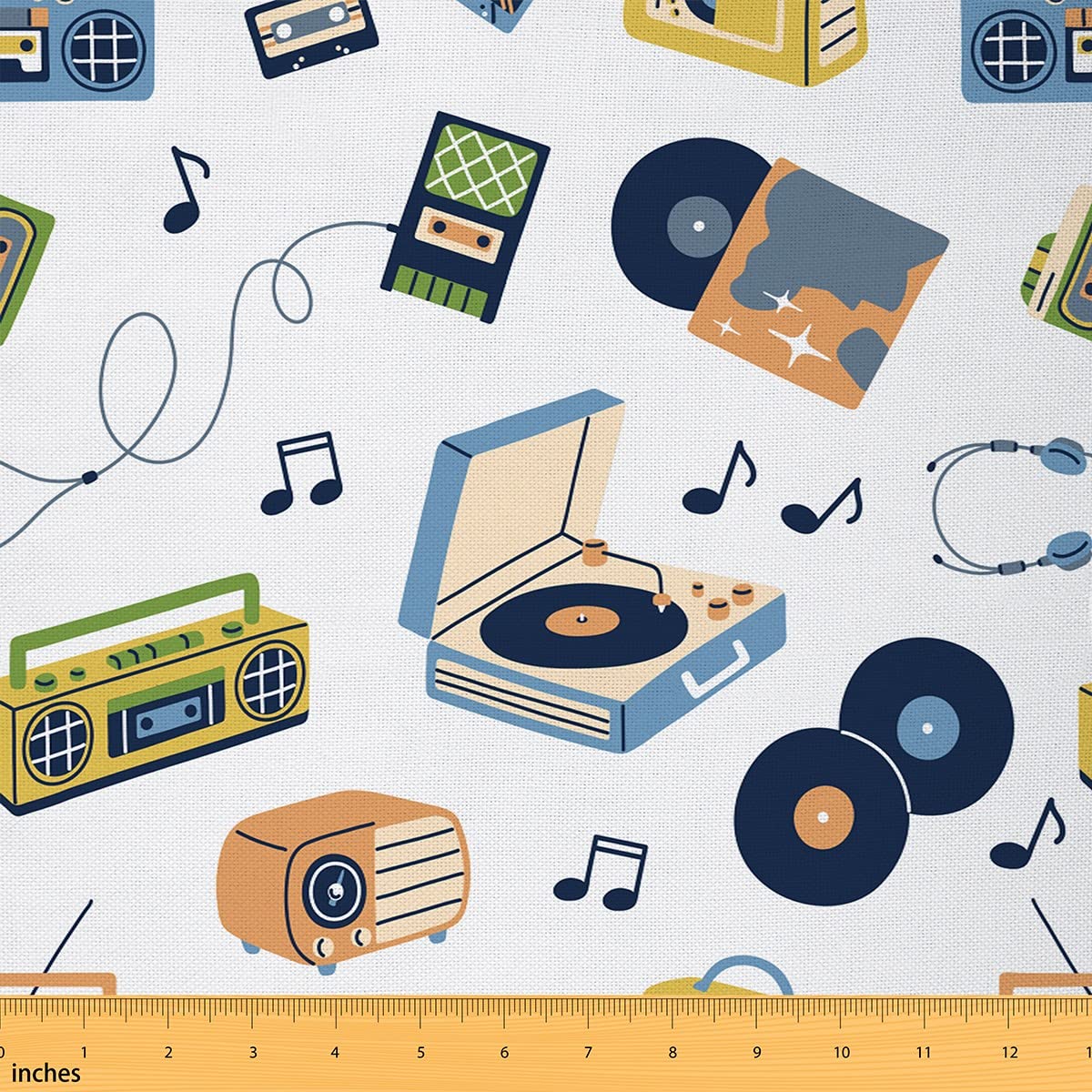 Retro Music Fabric by The Yard Vintage 70s Style Old Cassette Tape Fabric for Upholstery and Home DIY Projects Music Theme Headset Musical Notes Fabric for Chairs Curtains Lamp Shade,3 Yards