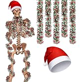 Cozypower 5 Pcs 12 ft Christmas Giant Skeleton Costume, Red, Colorful | 12 ft Christmas Skeleton Accessories, Santa Hat, 4 Pcs Metallic Garlands, Christmas Garden Lawn Outdoor Decor