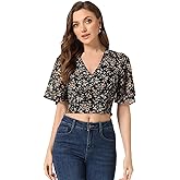 Allegra K Women's Floral Blouse Flare Short Sleeve V Neck 2025 Trendy Summer Smocked Crop Tops