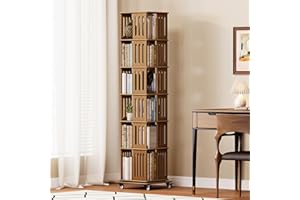 Turosur Solid Wood Rotating Bookshelf with Wheels, 6 Tier Square Spinning Bookcase Storage, 360 Display Revolving Book Shelf 