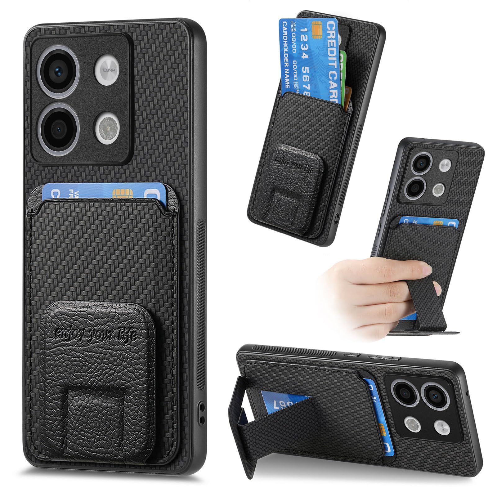 IMEIKONST Compatible with Redmi Note 13 Pro+ 5G Case, Carbon Fibre Leather + TPU Bumper Flip Card Holder Pocket Kickstand Back Cover Slim Anti-Drop Shockproof for Redmi Note 13 Pro+ 5G. Black SD2