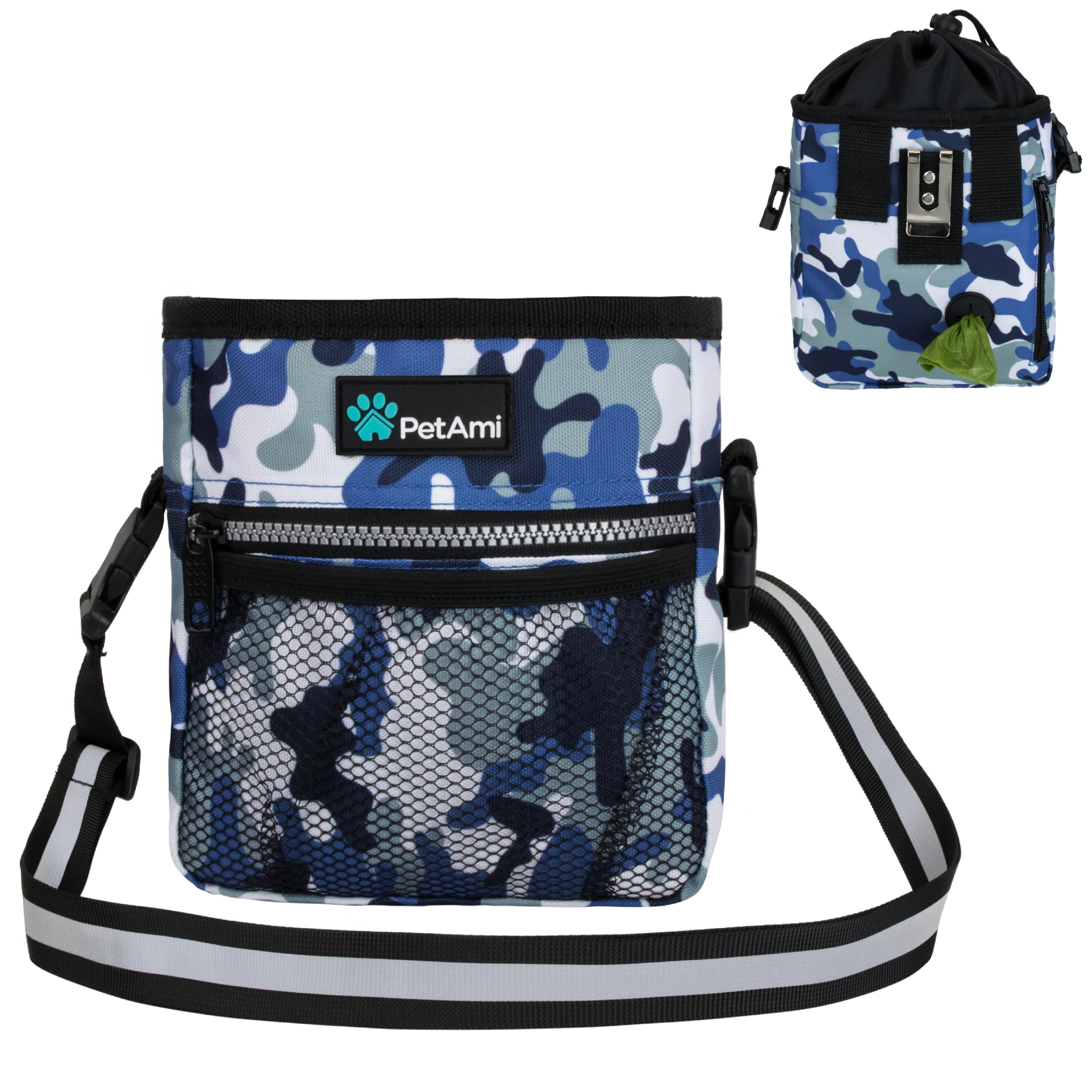 PetAmi Dog Treat Pouch, Pet Treat Pouch for Training, Dog Walking Bag Holder for Kibbles, Pet Food Toy, Dog Trainer Essentials Supplies, Poop Bag Dispenser, 3 Ways to Wear (Camo Blue)