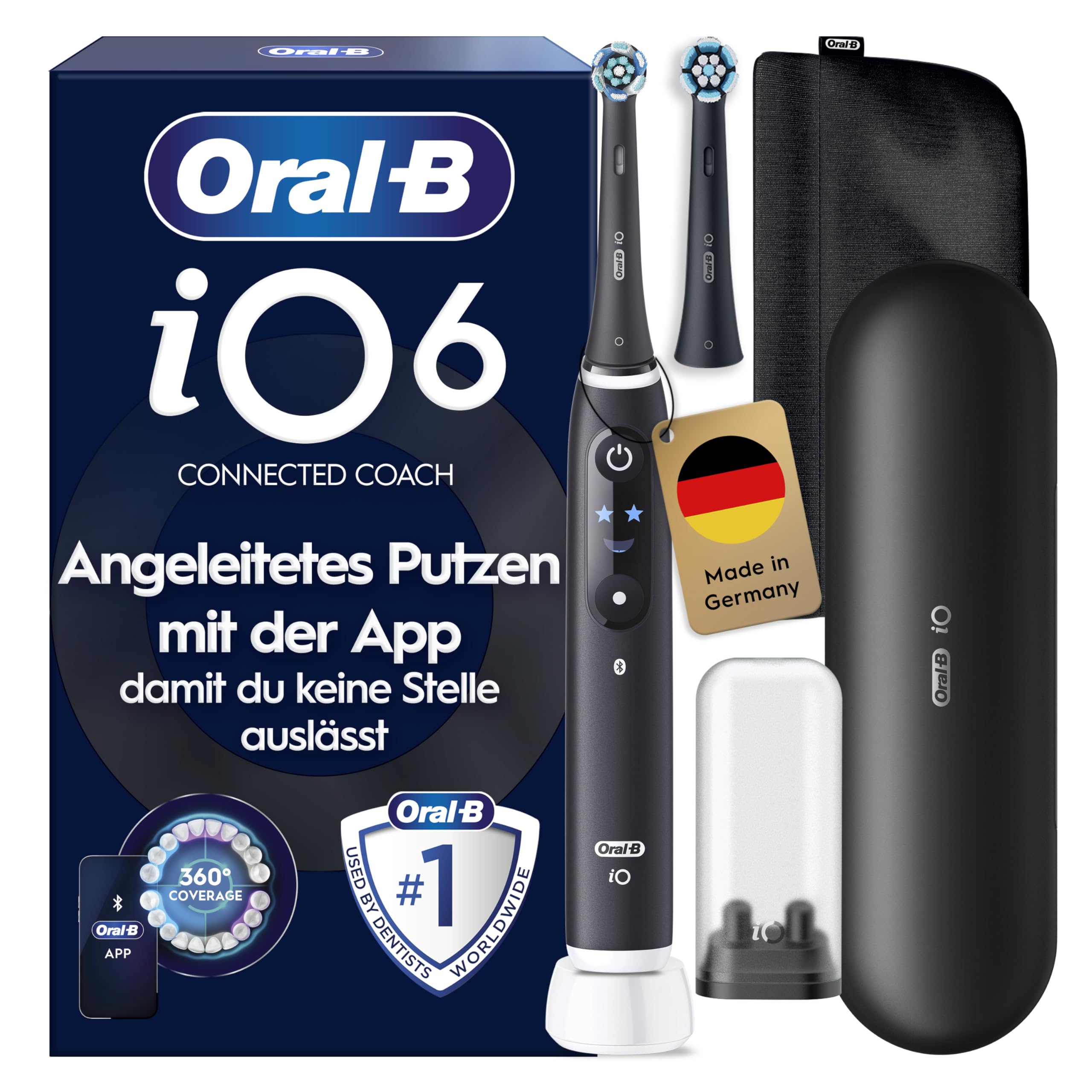 Oral-B iO Series 6 Elektrische Zahnbürste — Electric Toothbrush, Inkl. 2 Aufsteckbürsten, Reise-Etui, 5 Putzmodi für Zahnpflege — Zahnbürste Elektrisch, Designed by Braun, Schwarz