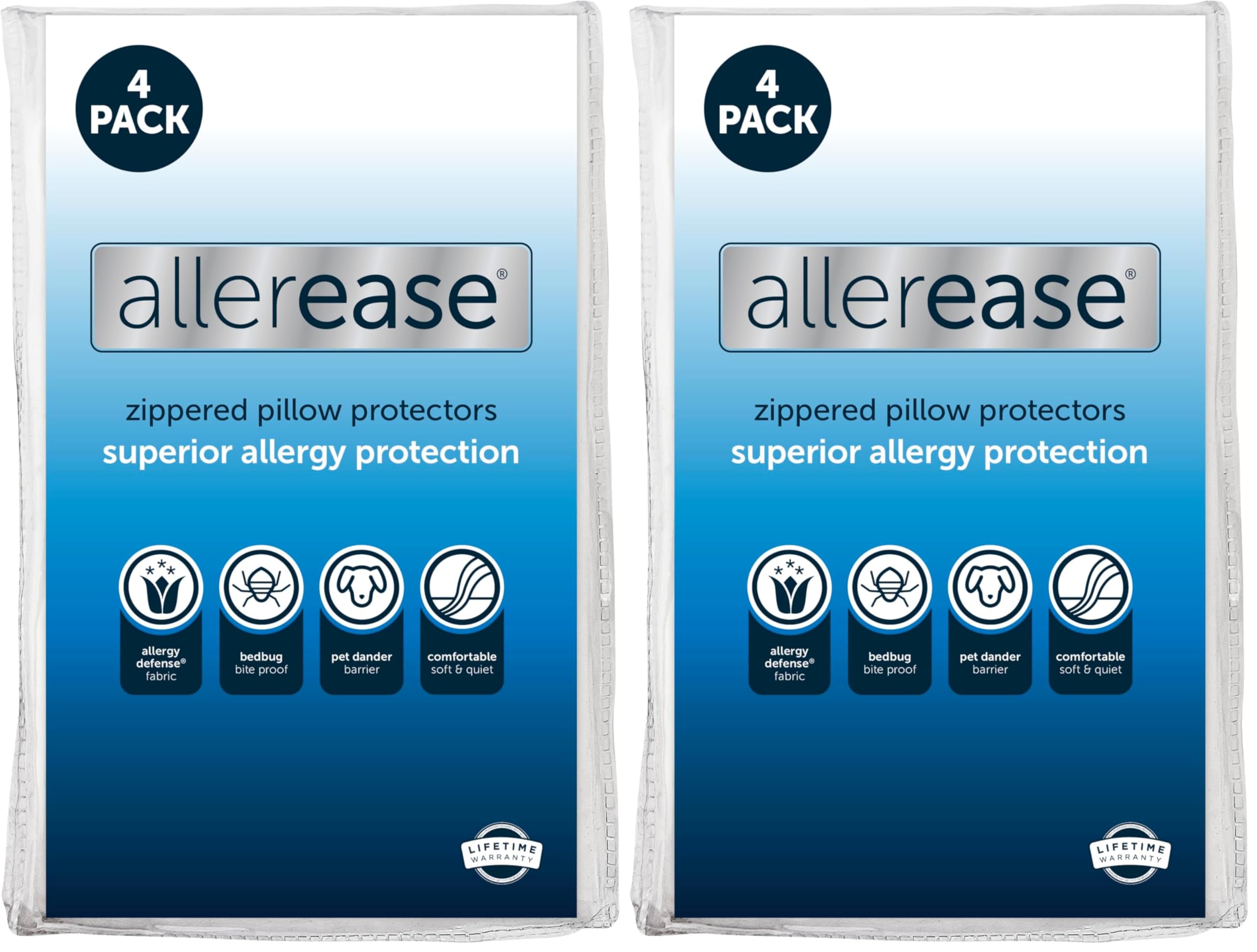 Set of 4 King AllerEase Pillow Protectors - Moisture Wicking,Advanced Allergy Protection - Premium Polyester,Zippered Protectors,(Pack of 2)