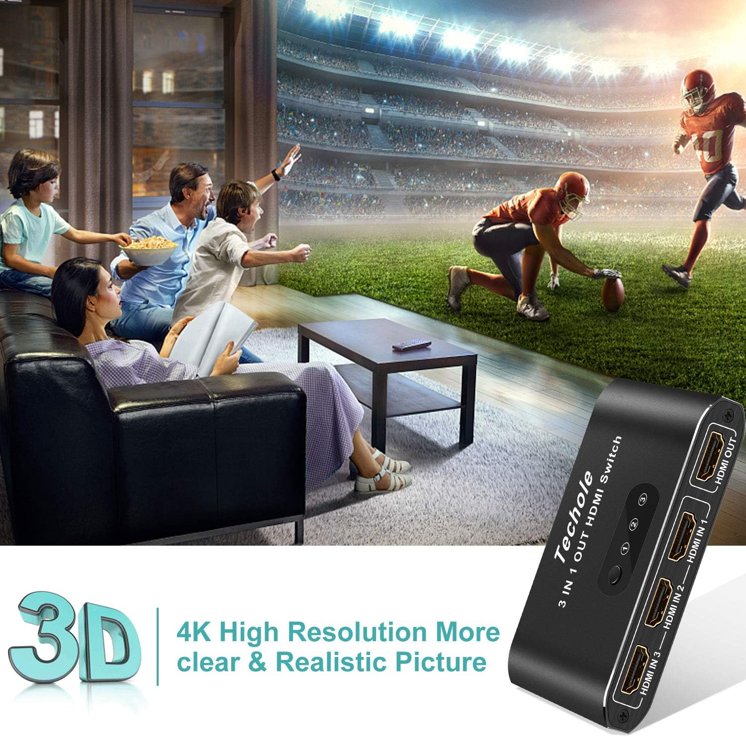 HDMI Switch 4k HDMI Splitter-Techole Aluminum HDMI Switch 3 in 1 Out, HDMI Switch with IR Remote Control, Supports 4k@60HZ 3D HD1080P, HDMI Switcher for PS4 Xbox Apple TV Fire Stick Blu-Ray Player: Home Audio & Theater
