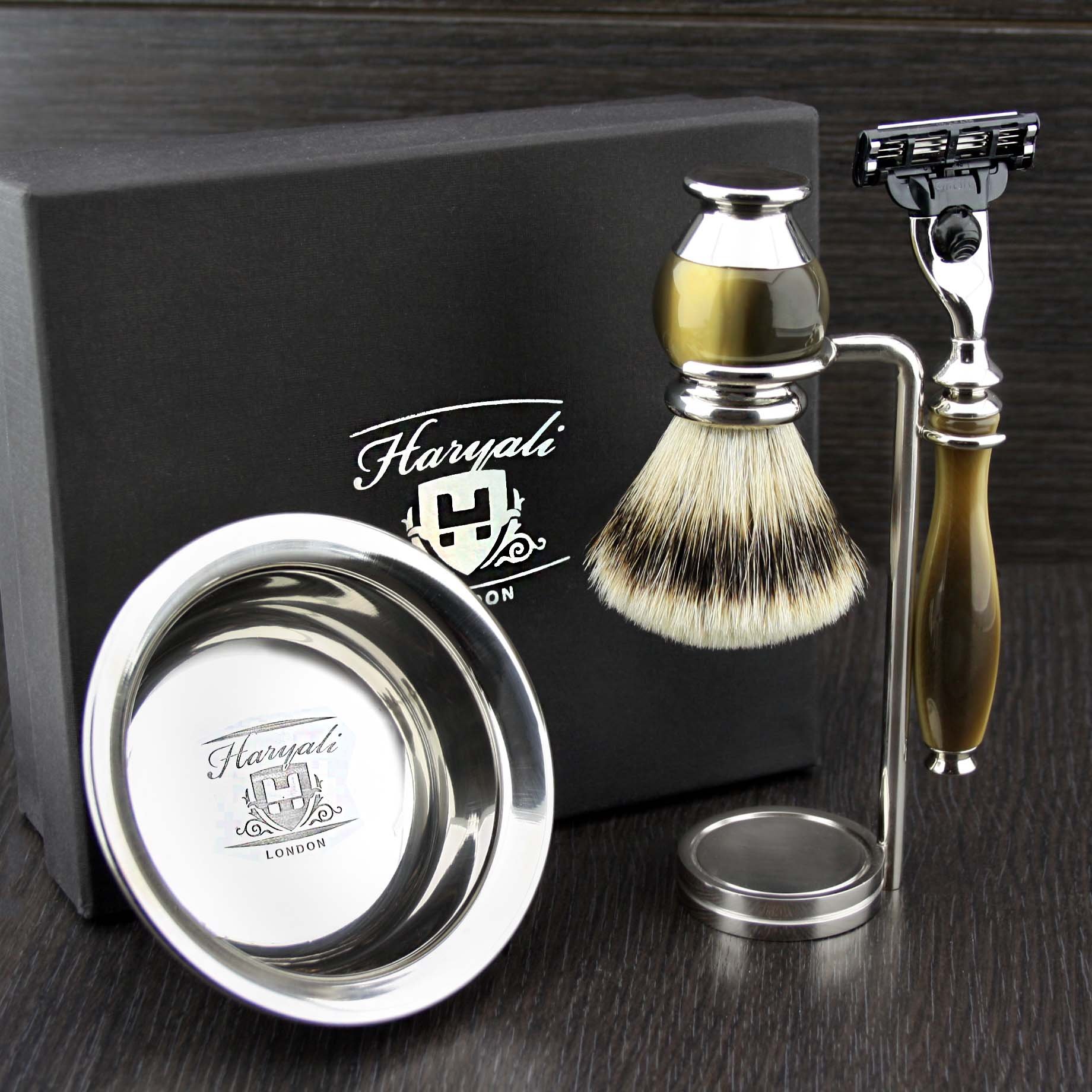 Haryali London 3 Edge Razor With Replica Horn Handle, Silver Tip Badger Hair Brush, Stand and Bowl Perfect Shaving Set For Men