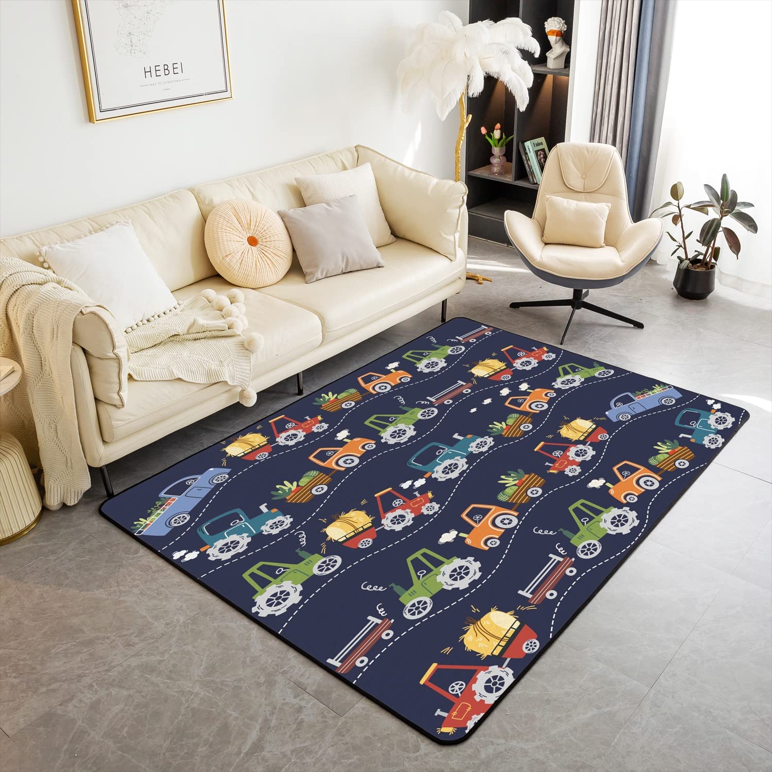 Loussiesd Cartoon Tractor Living Room Rugs Area Rug Kids Cartoon Farm Equipment Trucks Accent Rug for Construction Car Indoor Floor MatNon-slip Decorative Rug 100 * 150cm