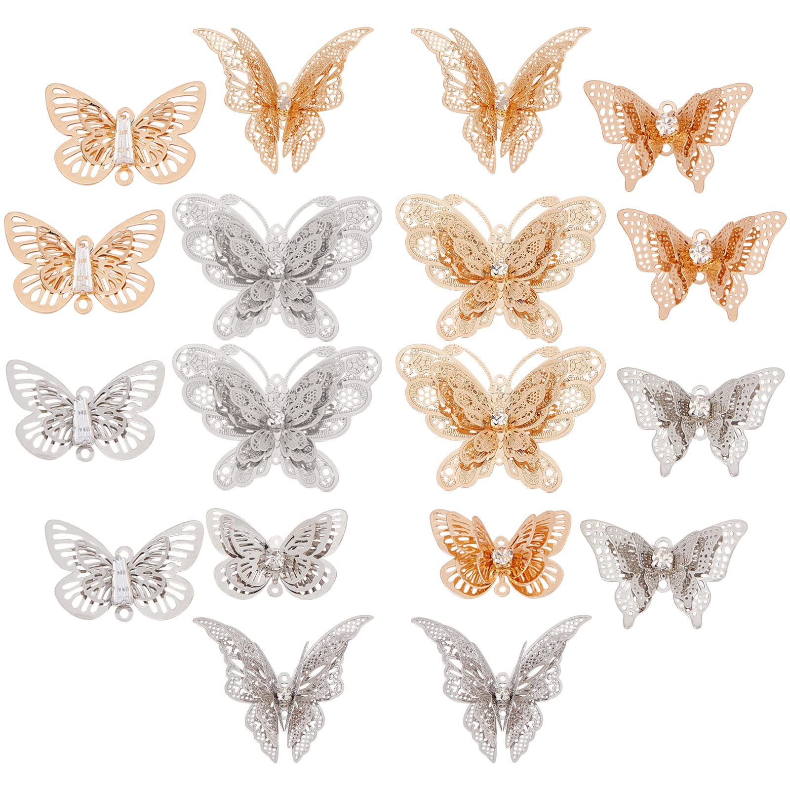 SUNNYCLUE 1 Box 20Pcs 5 Style Butterfly Connectors Charms Hollow Butterfly Pendants Charms Butterfly Finding with Crystal Rhinestone for DIY Earrings Necklace Making Accessories, Sliver & Gold
