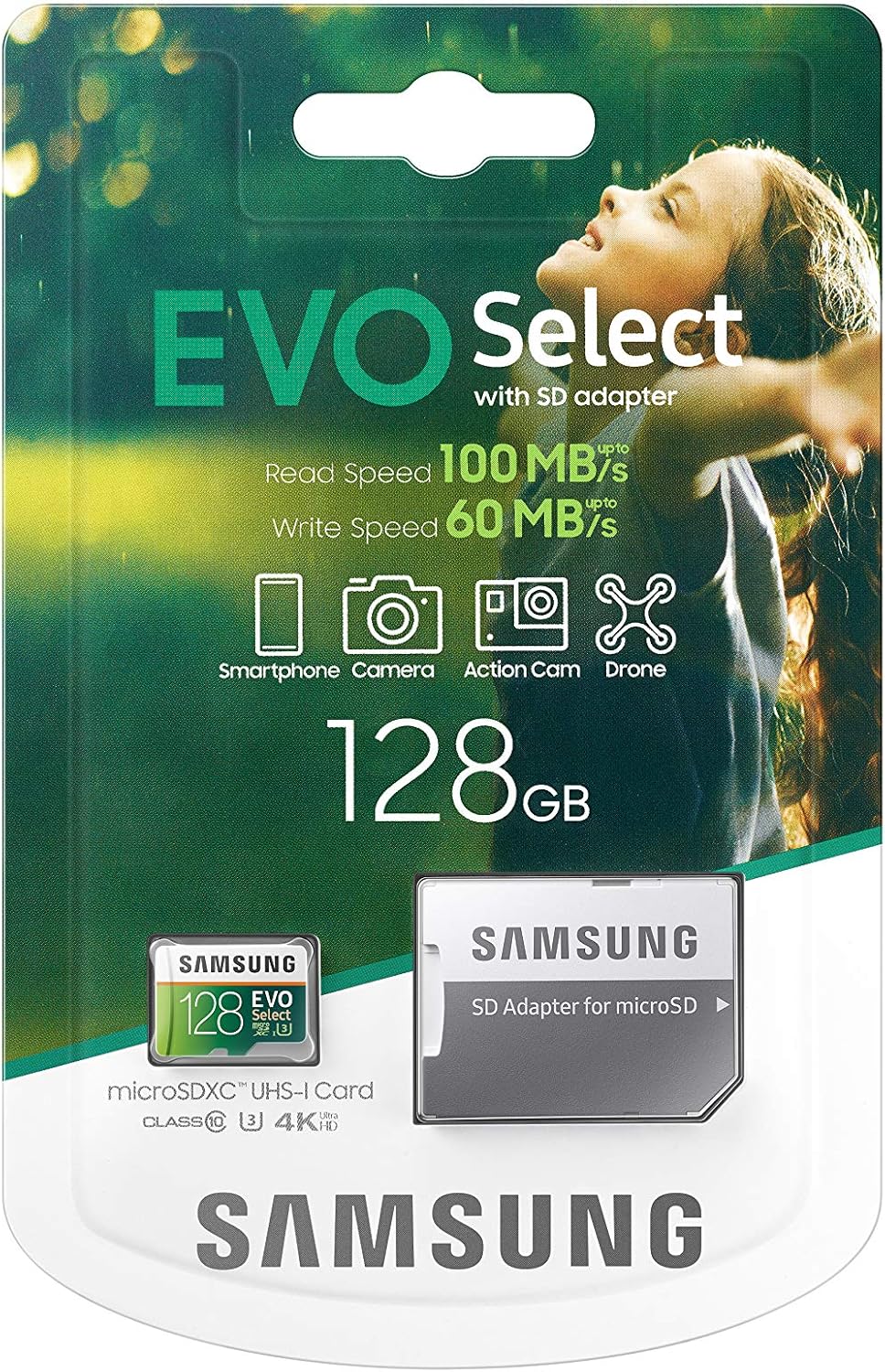 SAMSUNG: EVO Select 128GB microSDXC UHS-I U3 100MB/s Full HD & 4K UHD Memory Card with Adapter (MB-ME128HA): Computers & Accessories