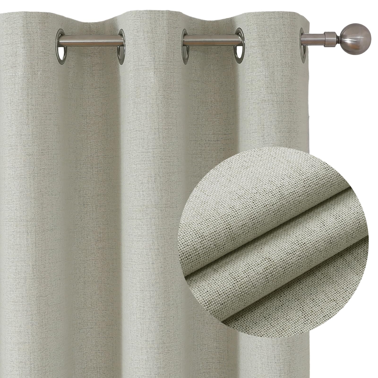 Joydeco 100% Blackout Lined Curtains W52 x L63 Inch Drop, Linen Look Textured Thermal Insulated Short Eyelet Curtains with Coating Back Layer for Living Room Bedroom, Light Beige - 2 Panels