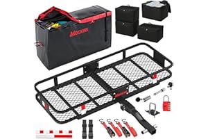 Mockins 48"x18"x6" Folding Hitch Cargo Carrier & 15 CuFt Waterproof Cargo Bag for Truck Bed w/ 4 Packing Cubes | Weatherproof 500 lbs Cap Car Trailer Hitch Rack for SUV, Truck, Van & RV w/Accessories
