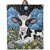 Lugiu Cute Cow Blanket, Lightweight Night Sky and Colorful Floral Meadow Throw for Couch Sofa Bedroom, Soft Travel Flannel Whimsical Dreamy Blankets Gifts for Women Girls Kids, Home Decor 60×50in