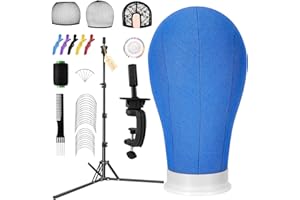 Yofuly 22'' Canvas Wig Head Set, Upgraded 63 Inch Tall Wig Stand Tripod with Mannequin Head, Canvas Block Head Wig Stand Set with Wig Caps, Table Clamp, Perfect for DIY Wig Making and Styling - Blue