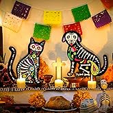 Geelin 2 Pcs Large Day of The Dead Dog Cat Skull Wooden Hanging Sign with String 12 Inch Dia De Los Muertos Mexican Skulls Hanging Decorations Skeleton Cats Dogs for Halloween Party Festival Home Wall