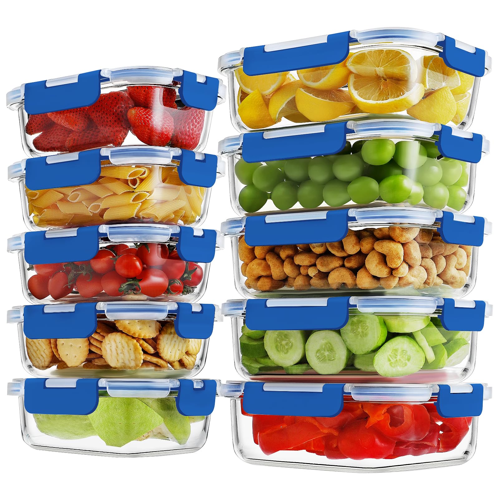 Photo 1 of 10 Pack Borosilicate Glass Meal Prep Containers with Locking Lids, Glass Food Storage Containers Set, Airtight Lunch Bento Boxes, BPA-Free & Leak Proof, 36oz & 14oz, Freezer, Oven Safe-Deep Blue