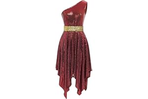 IBAKOM Women Sparkly Praise Dance Tunic Dress One Shoulder Gltter Sequins Worship Overlay Adult Church Liturgical Dancewear