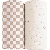 Konssy Muslin Swaddle Blankets for Girls Boys, 2 Pack Receiving Baby Blanket Large 47 x 47 inches, Soft Breathable Swaddling Wrap for Unisex Newborn (Coffee Check,Moon)