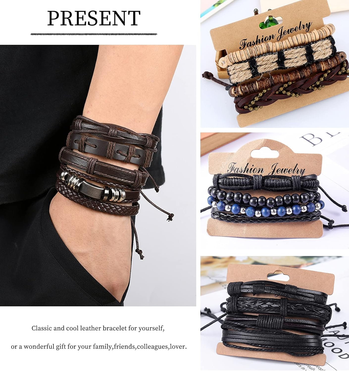 JEWPARK 36PCS Woven Leather Bracelet Set for Men Women Cool Braided Leather Wrist Cuff Bracelets Adjustable Handmade Wooden Beaded Bracelets Ethnic Tribal Linen String Bracelets: Jewelry