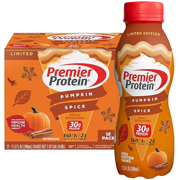 PREMIER PROTEIN SHAKE LIMITED EDITION 30G 1G SUGAR 24 VITAMINS MINERALS NUTRIENTS, PUMPKIN SPICE, 11.5 FL OZ (PACK OF 12) ARTWORK CASE – PACKAGING MAY VARY