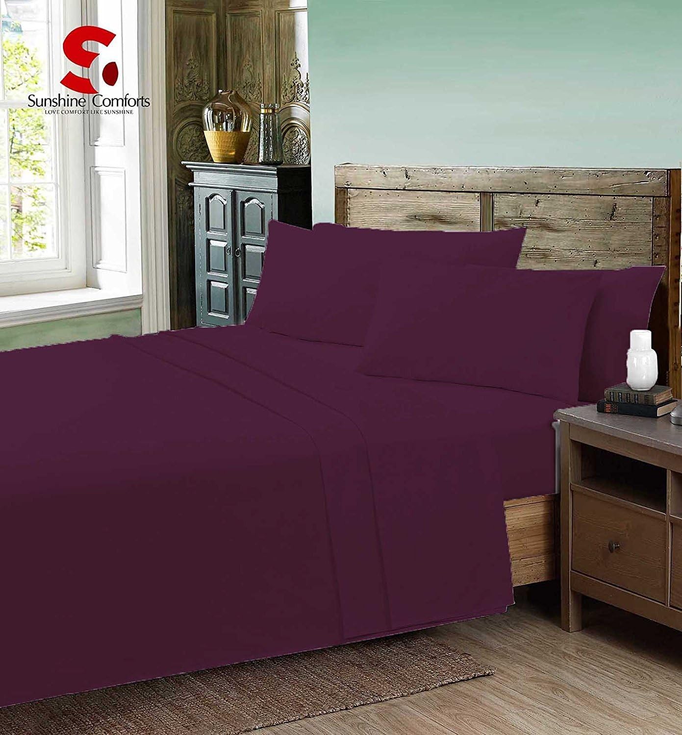 Sunshine Comforts® Polycotton bed linen Fitted bedding set Box 25cm All Sizes (King, Plum / Aubergine)