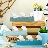 Qunclay 3 Pcs Ocean Decor Wooden Sea Wave Beach Surf Decor for Table | Coastal Table Centerpieces Decor, Ocean Beach Tiered Tray, Blue Wave Shaped Sign for Table Home Office Bedroom Nursery