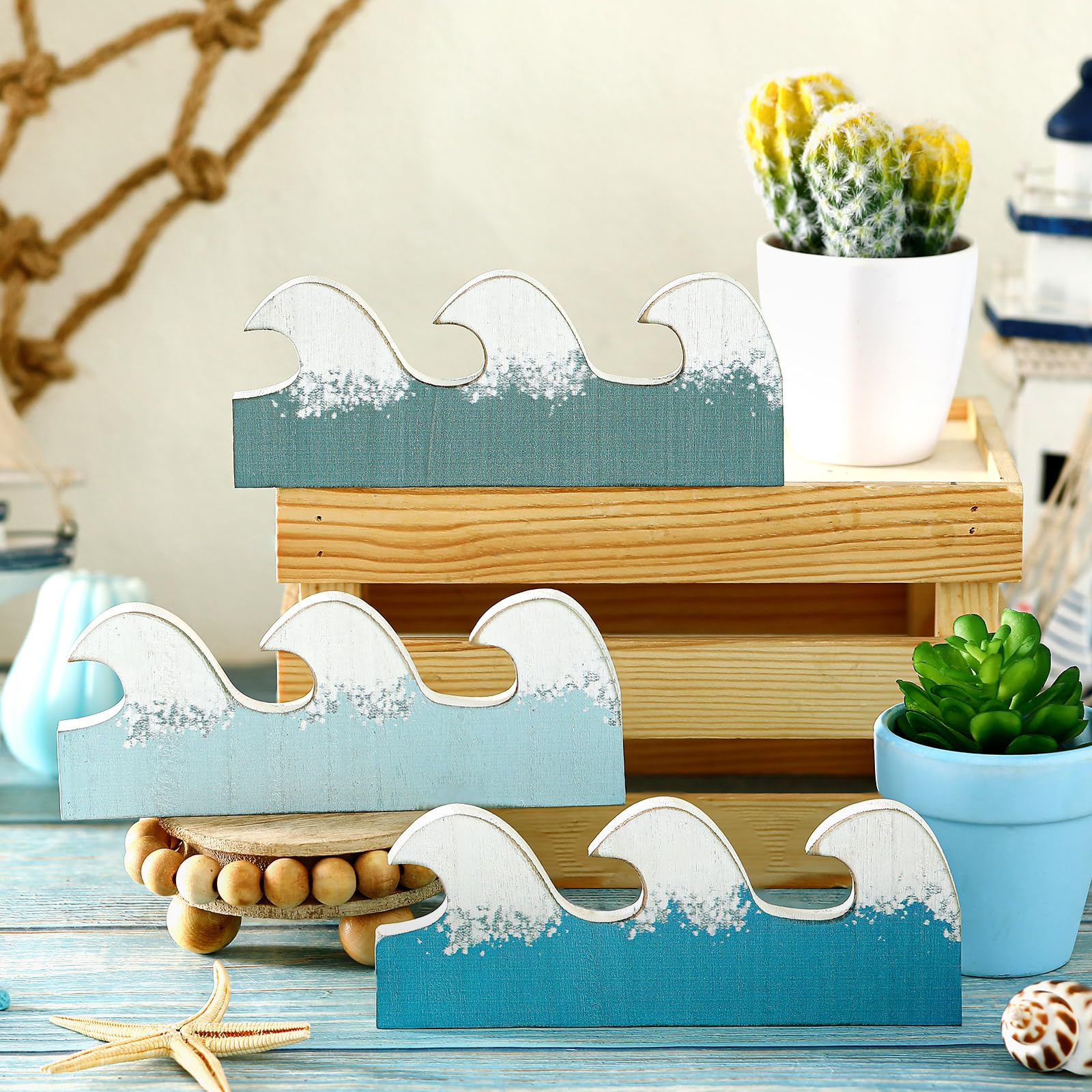 Photo 1 of Qunclay 3 Pcs Summer Wooden Waves Table Decor Summer Ocean Sign Blue Beach Centerpieces Coastal Wooden Waves Tiered Tray Decor Vintage Home Centerpieces for Home Beach Office Bedroom