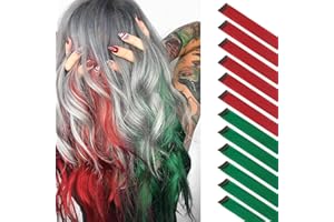 FESHFEN Colored Clip in Hair Extensions - 12 PCS Red and Green Colorful Highlighted Hair Piece Straight Synthetic Clip in Hairpieces for Women 22 inch
