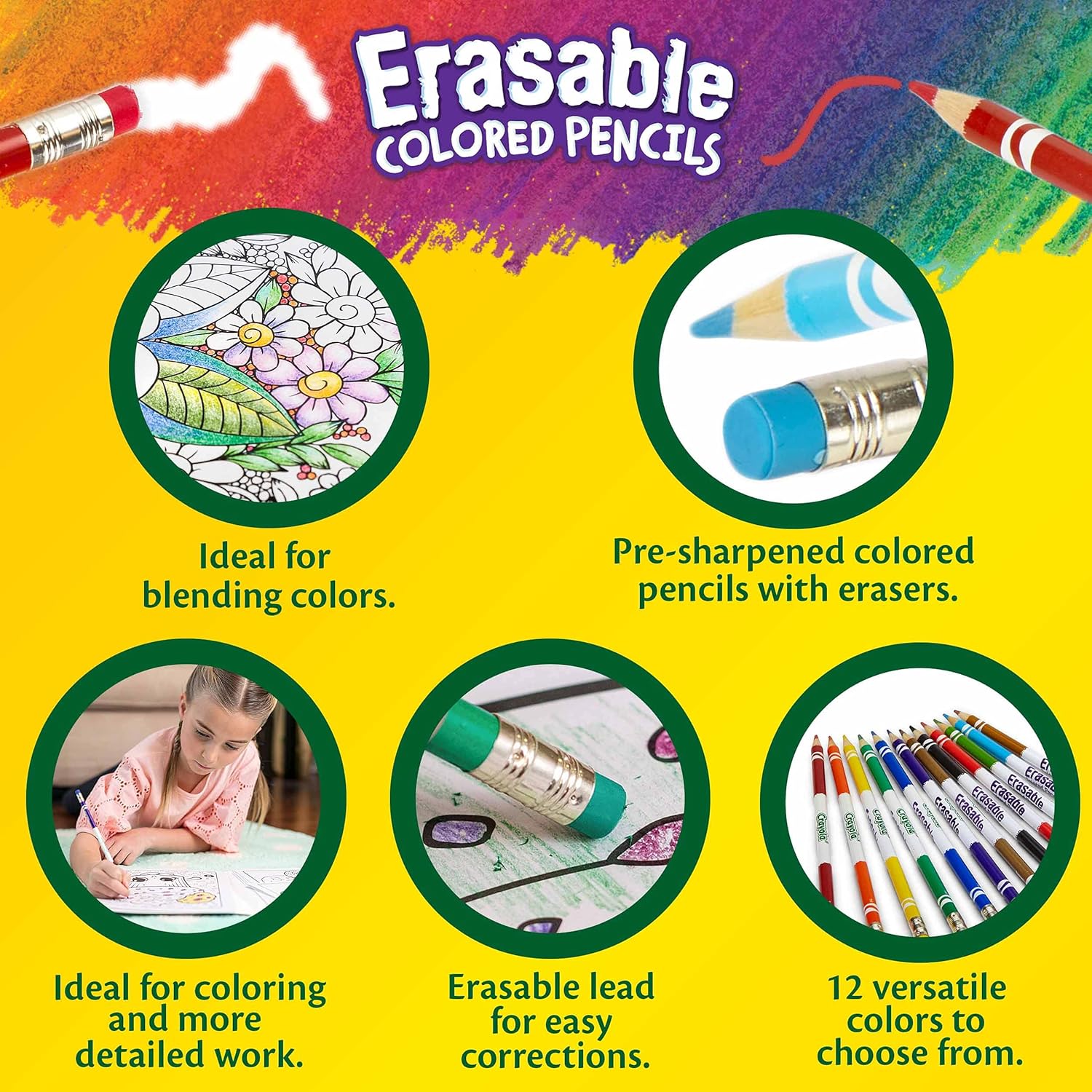 Crayola Erasable Colored Pencils, 12 Non-Toxic, Pre-Sharpened, Kids 4 & Up, Assorted Colors: Toys & Games