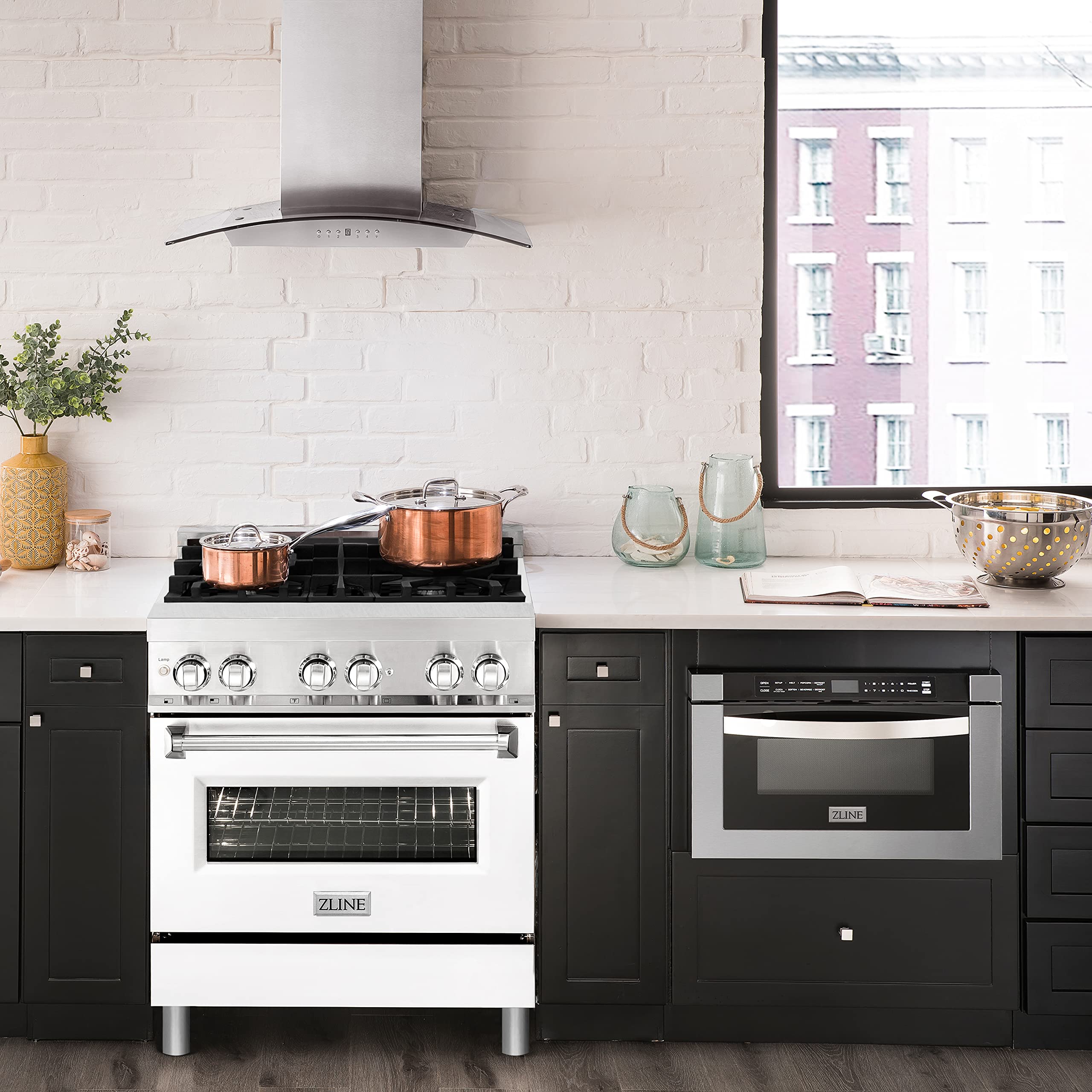 ZLINE 30 in. 4.0 cu. ft. Legacy Dual Fuel Range with 4 Burner Gas Cooktop and Electric Convection Oven in Stainless Steel and White Matte Door (RA-WM-30)